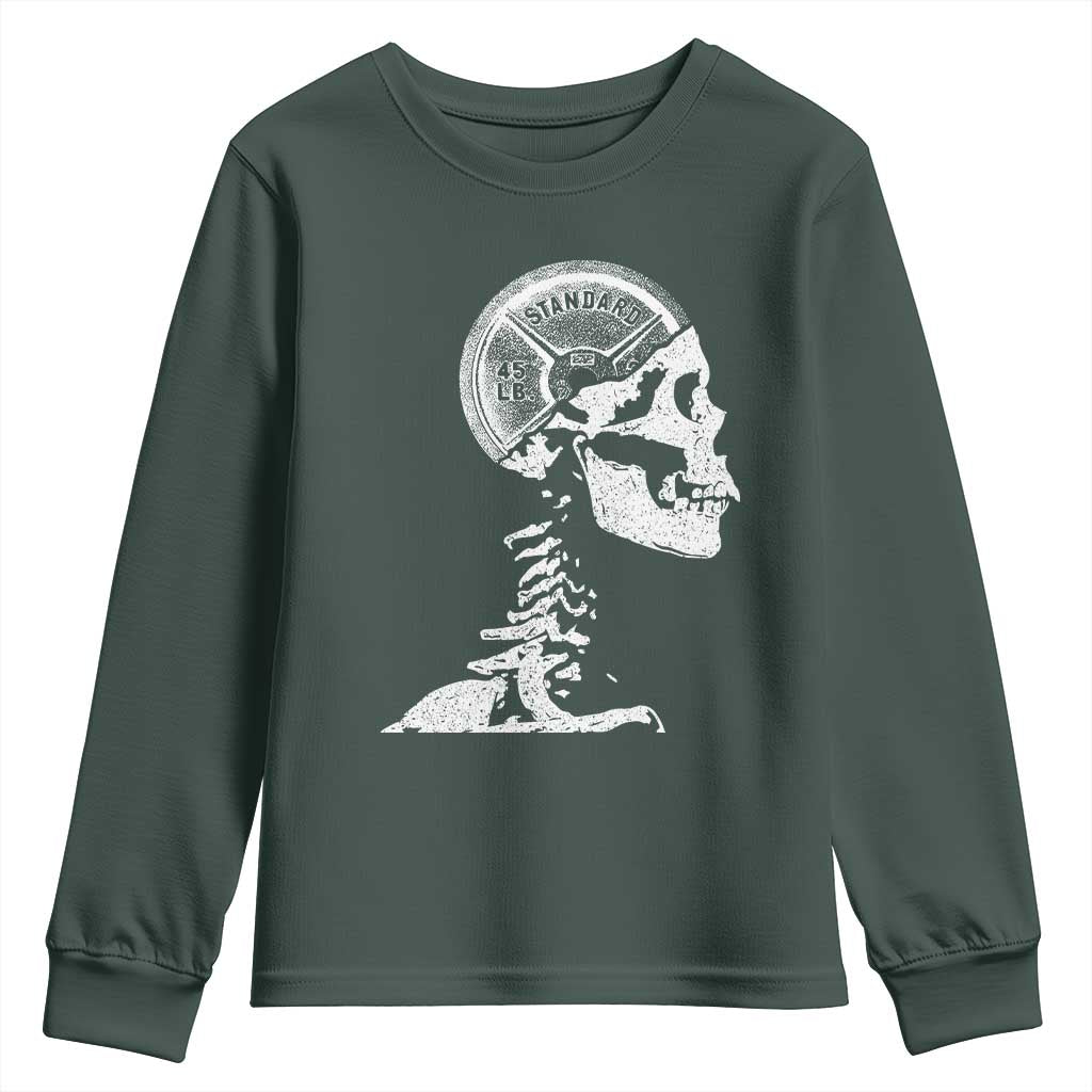 Funny Skeleton 45 lbs Plate Weight Lifting Gym Working Out Youth Sweatshirt TS11 Dark Forest Green Print Your Wear