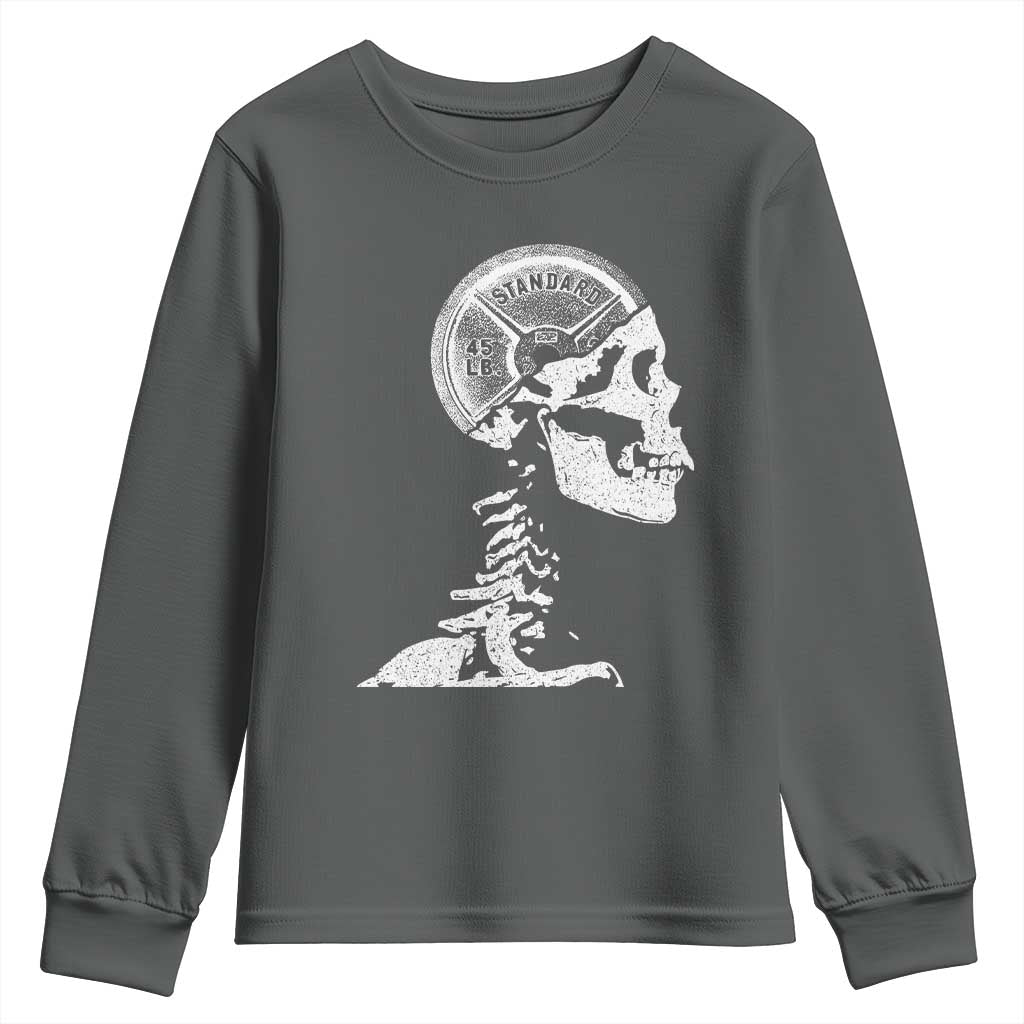 Funny Skeleton 45 lbs Plate Weight Lifting Gym Working Out Youth Sweatshirt TS11 Dark Heather Print Your Wear