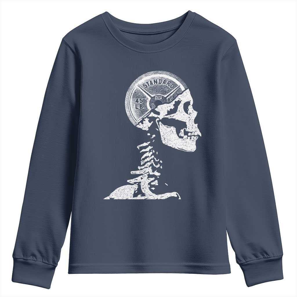 Funny Skeleton 45 lbs Plate Weight Lifting Gym Working Out Youth Sweatshirt TS11 Navy Print Your Wear