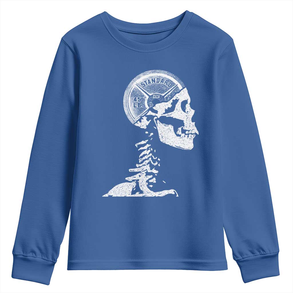 Funny Skeleton 45 lbs Plate Weight Lifting Gym Working Out Youth Sweatshirt TS11 Royal Blue Print Your Wear