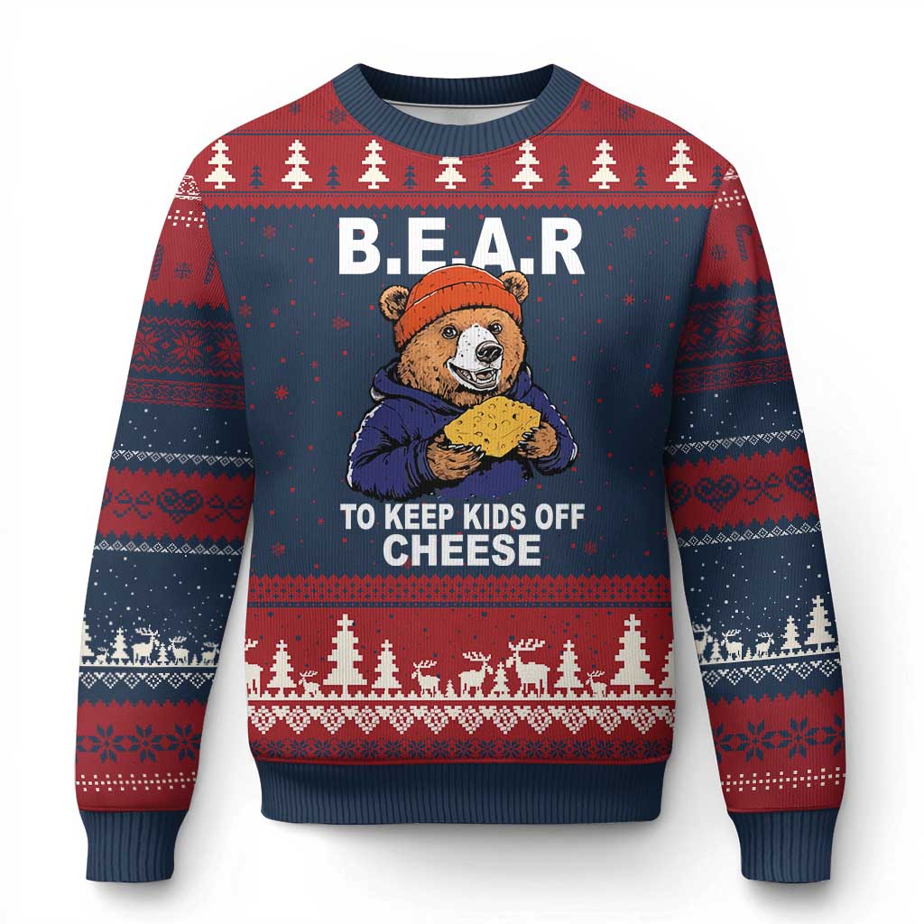 Funny Bear To Keep Kids Off Cheese Ugly Christmas Sweater TS11 Navy Red Print Your Wear