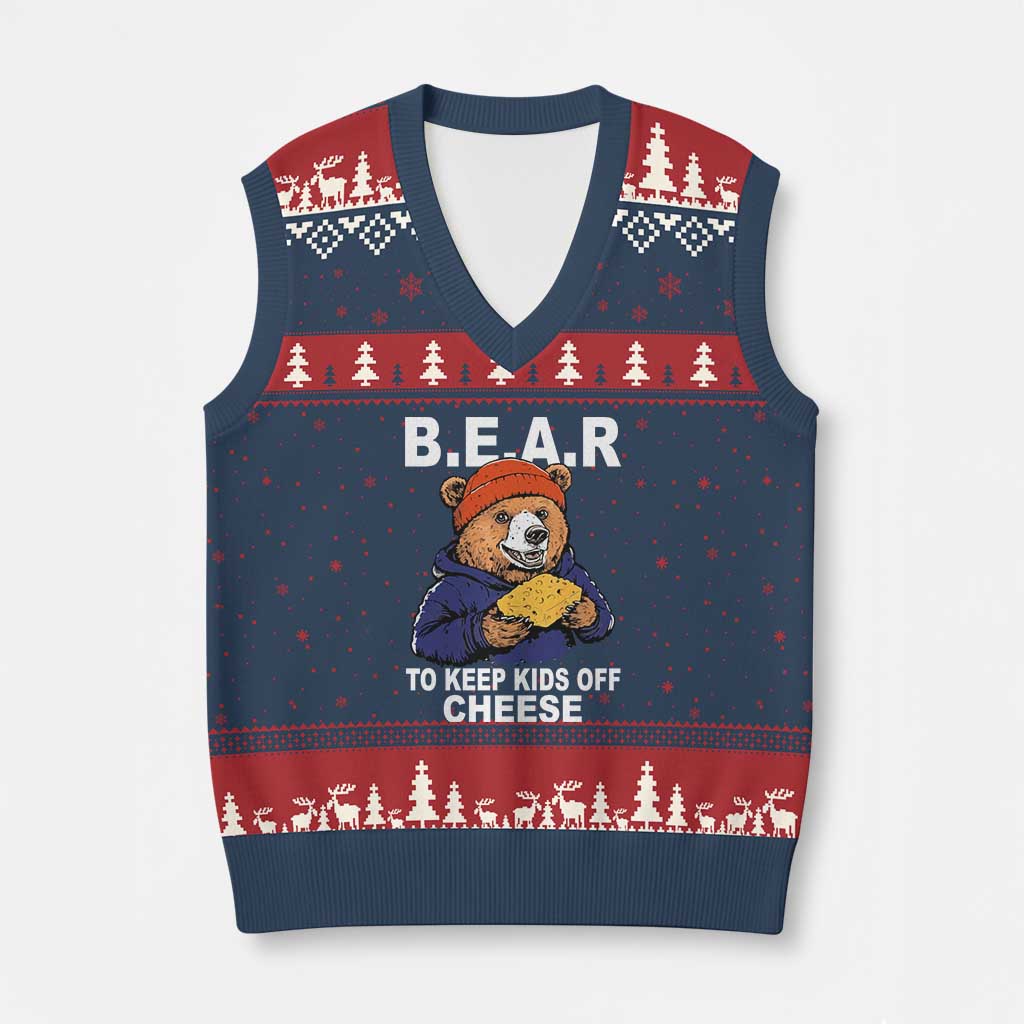 Funny Bear To Keep Kids Off Cheese V-Neck Knit Sweater Vest TS11 Navy Red Print Your Wear