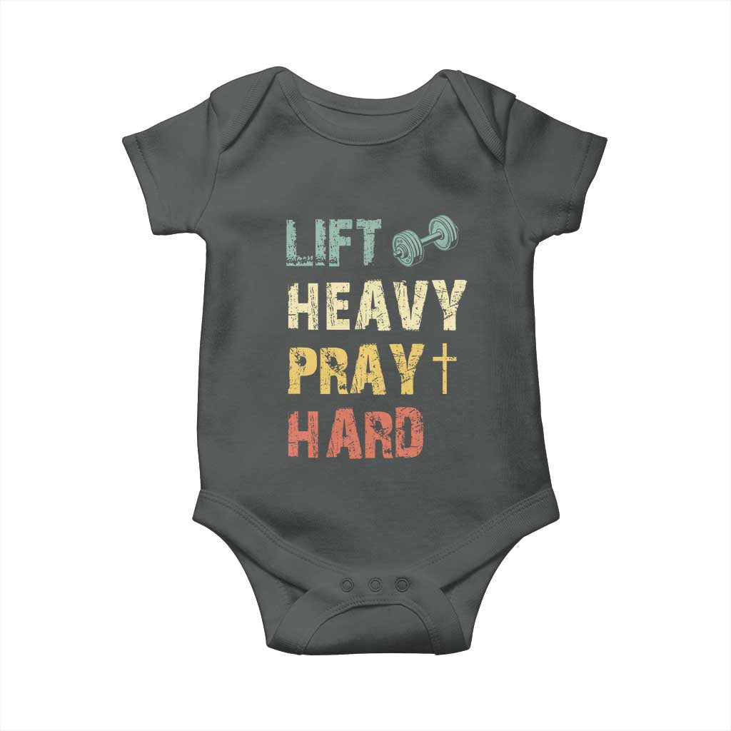 Lift Heavy Pray Hard Baby Onesie Christian Workout Jesus Gym Lifting Retro Cross TS11 Dark Heather Print Your Wear