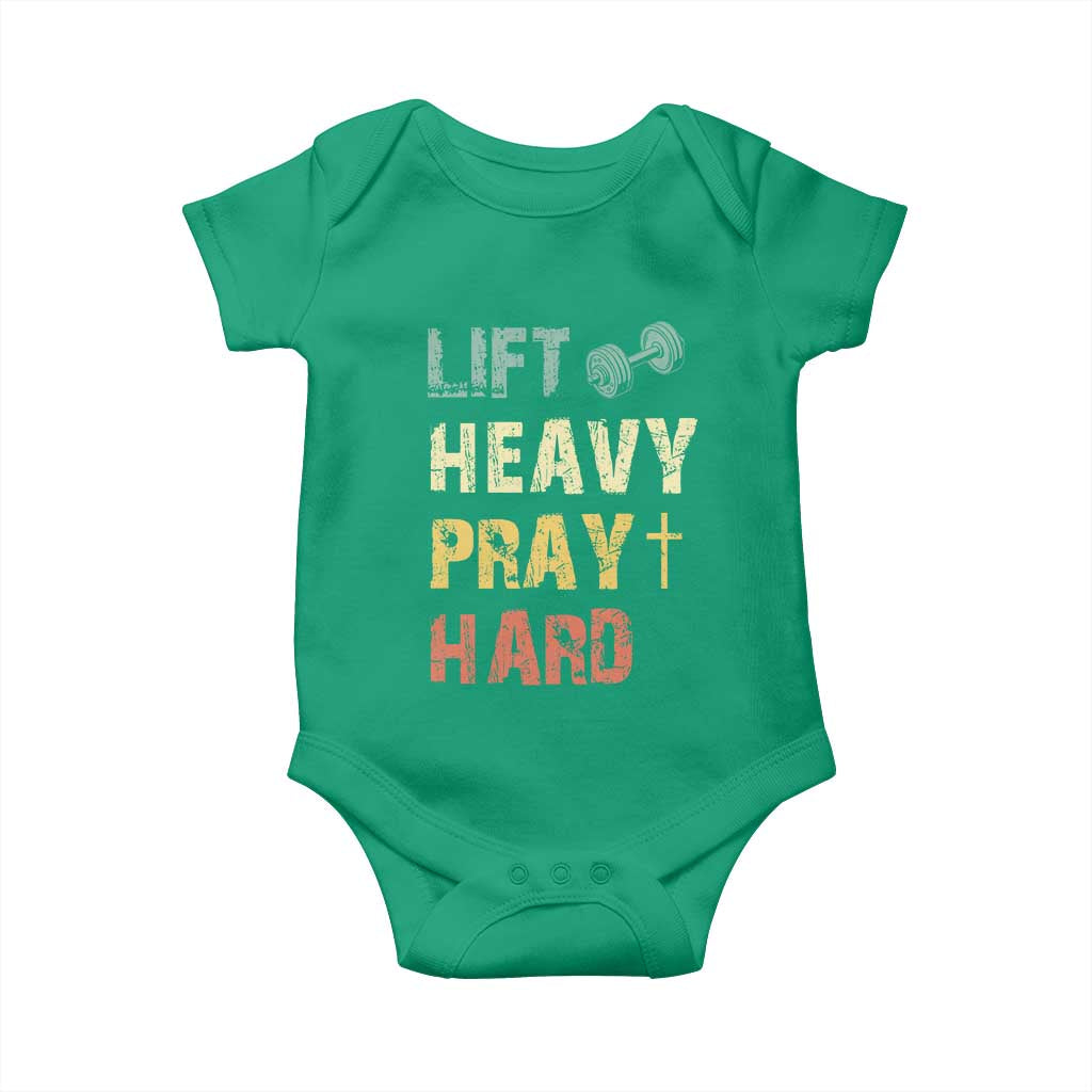 Lift Heavy Pray Hard Baby Onesie Christian Workout Jesus Gym Lifting Retro Cross TS11 Irish Green Print Your Wear