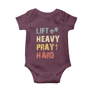 Lift Heavy Pray Hard Baby Onesie Christian Workout Jesus Gym Lifting Retro Cross TS11 Maroon Print Your Wear