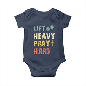 Lift Heavy Pray Hard Baby Onesie Christian Workout Jesus Gym Lifting Retro Cross TS11 Navy Print Your Wear