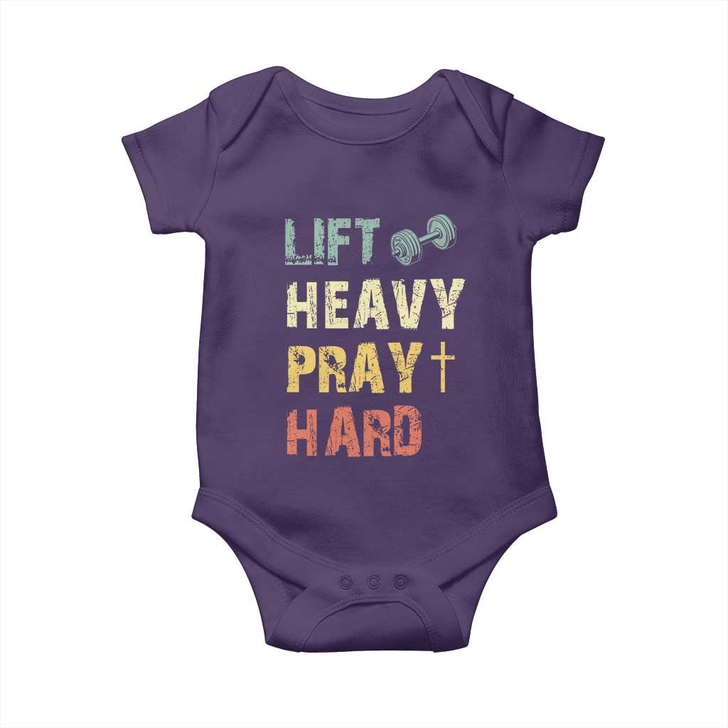Lift Heavy Pray Hard Baby Onesie Christian Workout Jesus Gym Lifting Retro Cross TS11 Purple Print Your Wear
