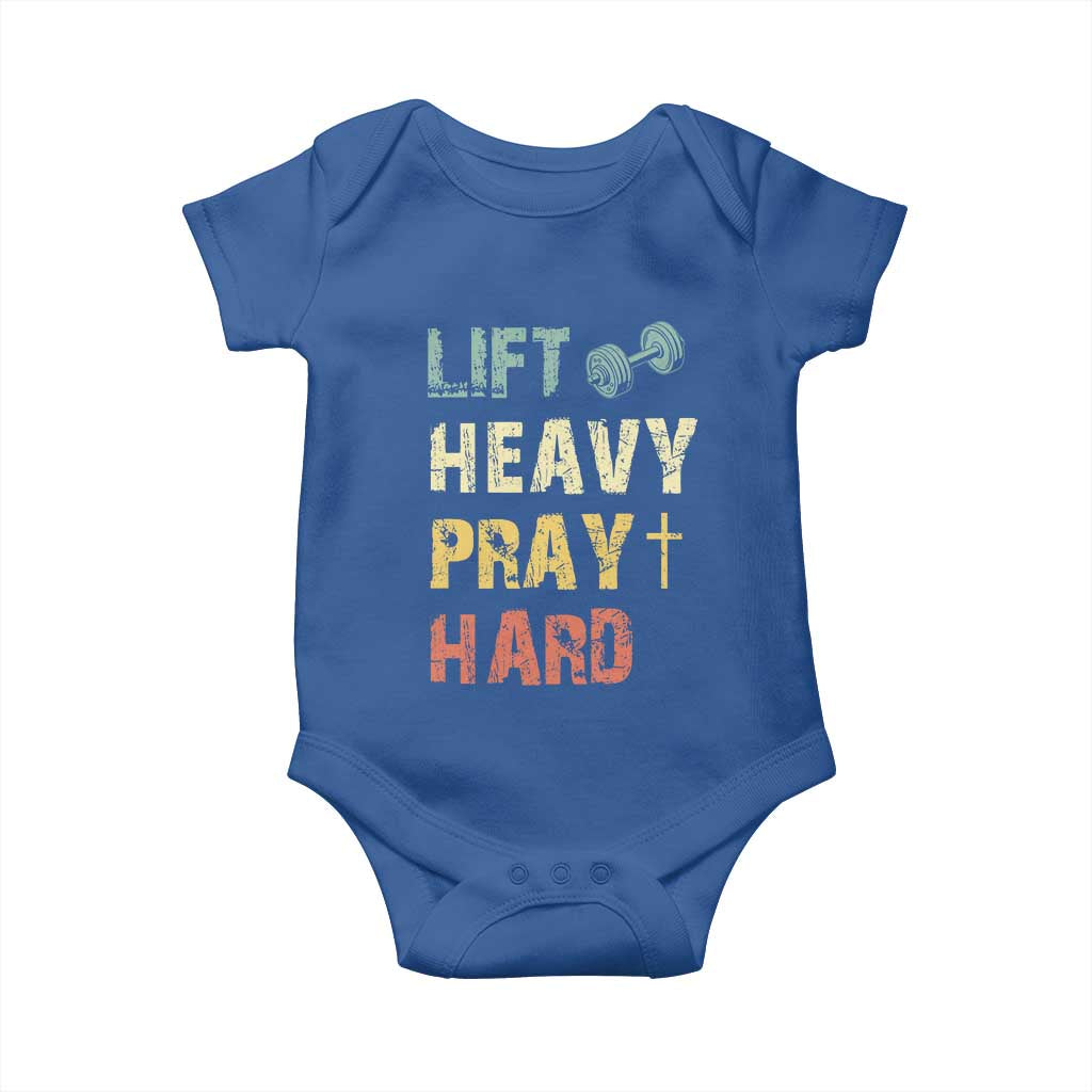 Lift Heavy Pray Hard Baby Onesie Christian Workout Jesus Gym Lifting Retro Cross TS11 Royal Blue Print Your Wear