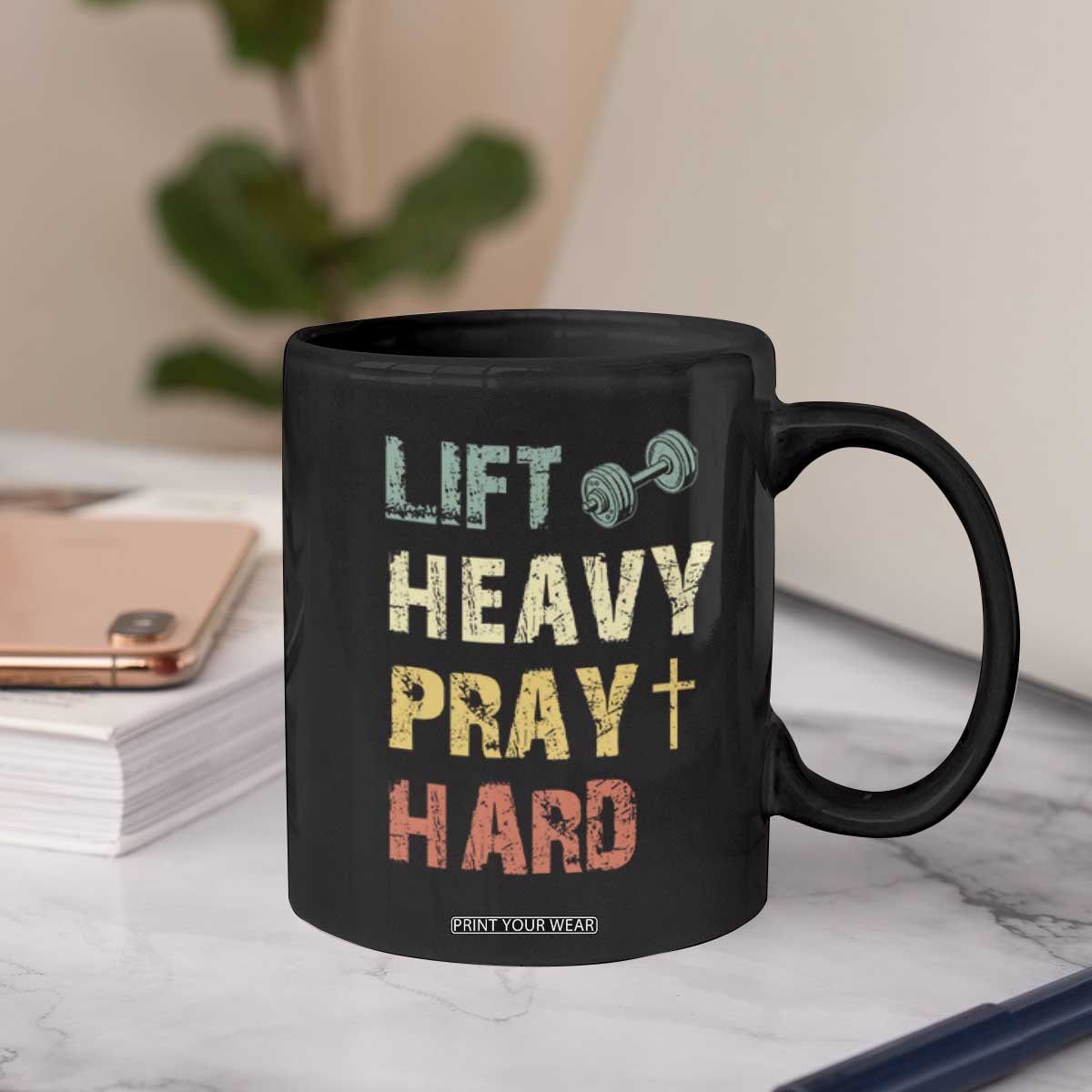 Lift Heavy Pray Hard Coffee Mug Christian Workout Jesus Gym Lifting Retro Cross TS11 Print Your Wear
