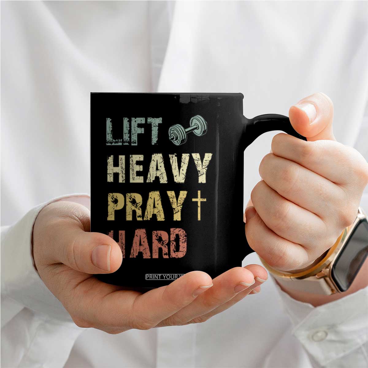 Lift Heavy Pray Hard Coffee Mug Christian Workout Jesus Gym Lifting Retro Cross TS11 Print Your Wear