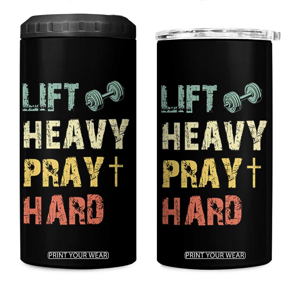 Lift Heavy Pray Hard 4 in 1 Can Cooler Tumbler Christian Workout Jesus Gym Lifting Retro Cross TS11 One Size: 16 oz Black Print Your Wear