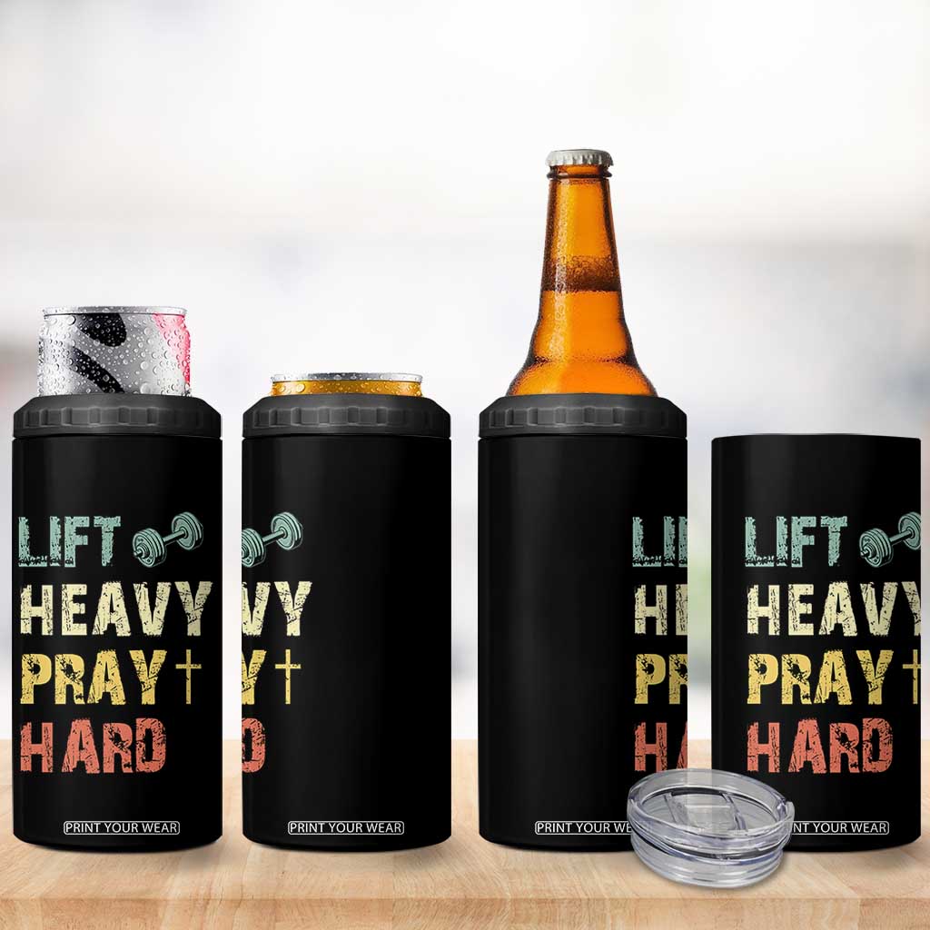 Lift Heavy Pray Hard 4 in 1 Can Cooler Tumbler Christian Workout Jesus Gym Lifting Retro Cross TS11 Print Your Wear