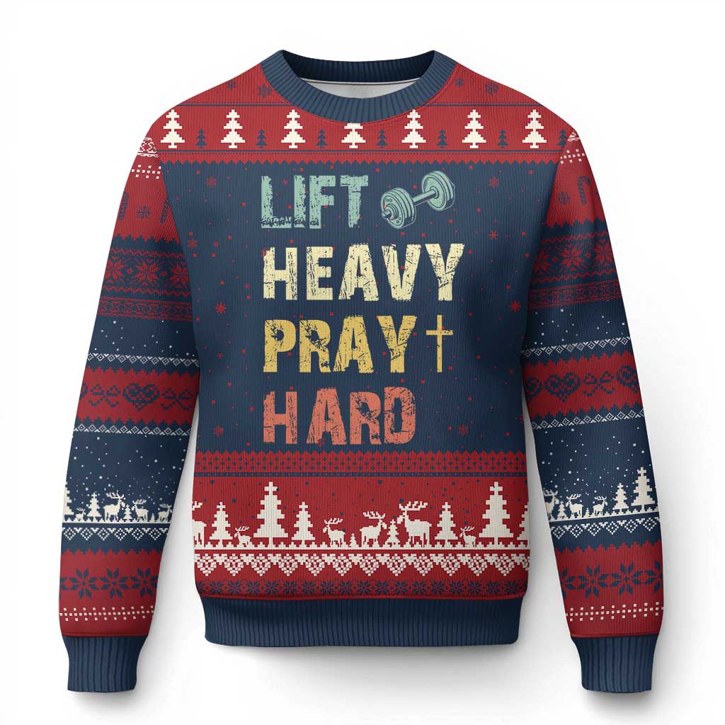 Lift Heavy Pray Hard Ugly Christmas Sweater Christian Workout Jesus Gym Lifting Retro Cross TS11 Navy Red Print Your Wear