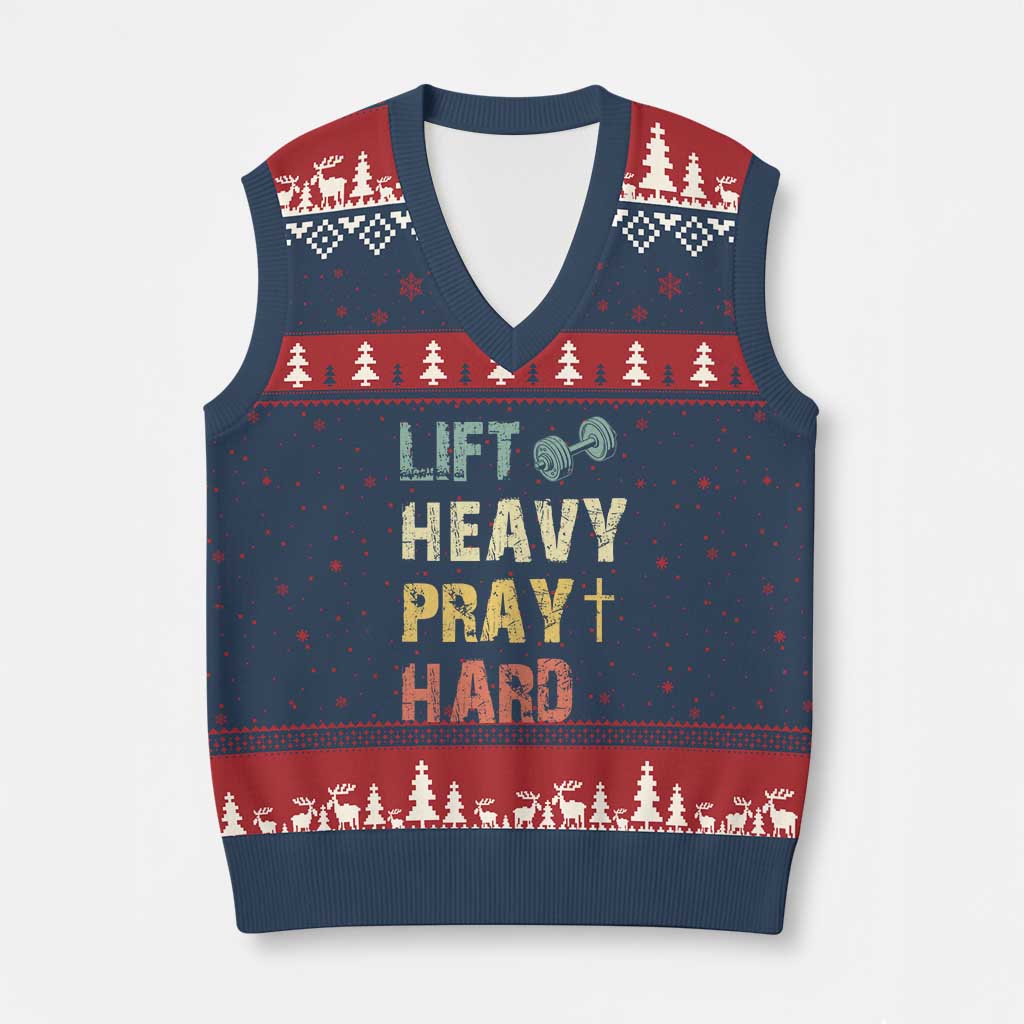 Lift Heavy Pray Hard V-Neck Knit Sweater Vest Christian Workout Jesus Gym Lifting Retro Cross TS11 Navy Red Print Your Wear
