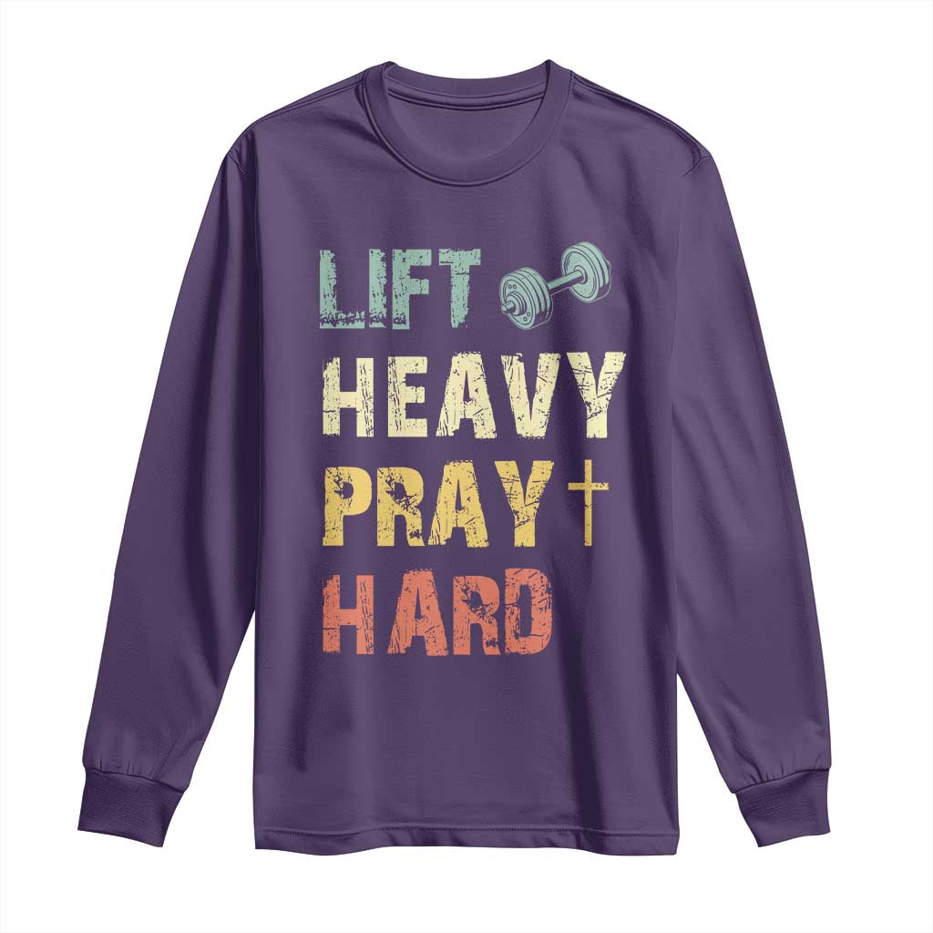 Lift Heavy Pray Hard Long Sleeve Shirt Christian Workout Jesus Gym Lifting Retro Cross TS11 Purple Print Your Wear