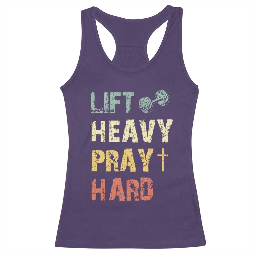 Lift Heavy Pray Hard Racerback Tank Top Christian Workout Jesus Gym Lifting Retro Cross TS11 Purple Print Your Wear
