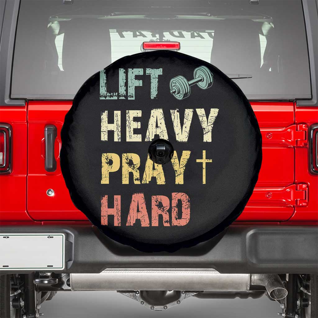 Lift Heavy Pray Hard Spare Tire Cover Christian Workout Jesus Gym Lifting Retro Cross TS11 Black Print Your Wear