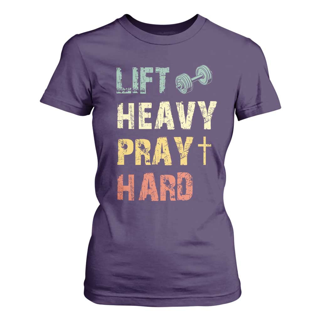 Lift Heavy Pray Hard T Shirt For Women Christian Workout Jesus Gym Lifting Retro Cross TS11 Purple Print Your Wear