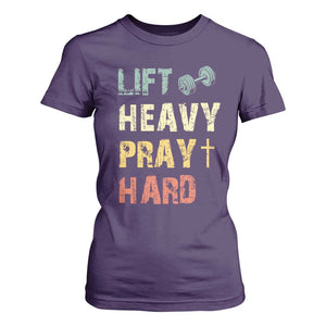 Lift Heavy Pray Hard T Shirt For Women Christian Workout Jesus Gym Lifting Retro Cross TS11 Purple Print Your Wear