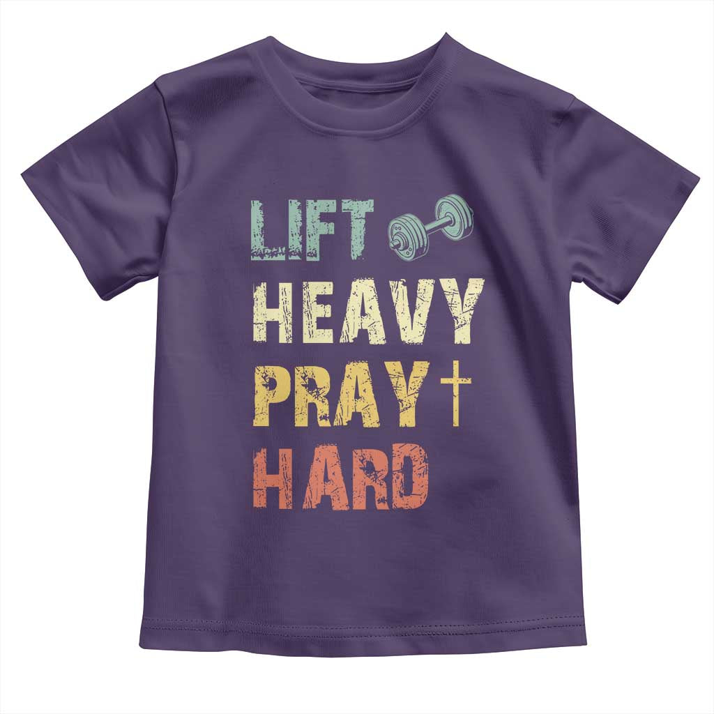 Lift Heavy Pray Hard Toddler T Shirt Christian Workout Jesus Gym Lifting Retro Cross TS11 Purple Print Your Wear