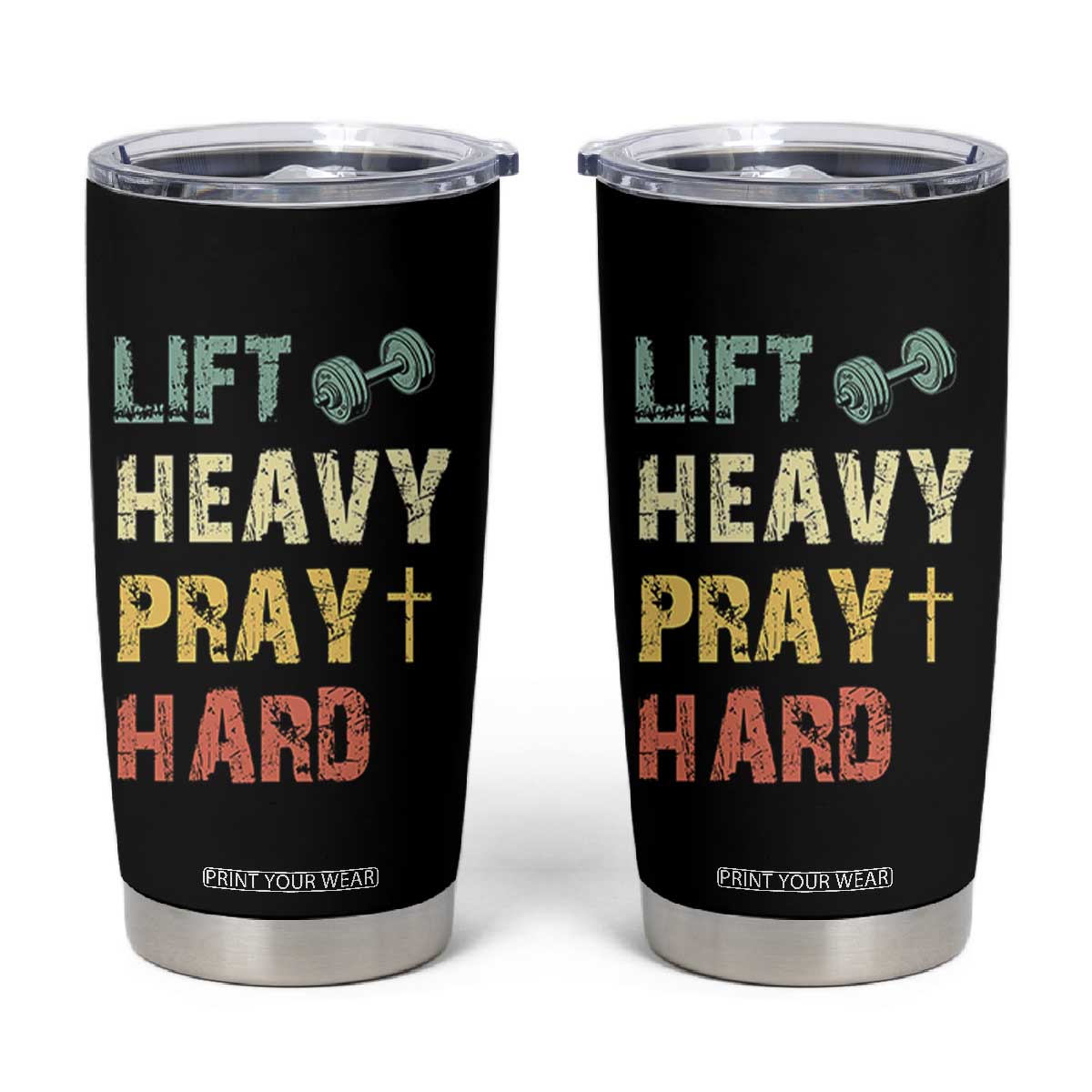 Lift Heavy Pray Hard Tumbler Cup Christian Workout Jesus Gym Lifting Retro Cross TS11 Black Print Your Wear