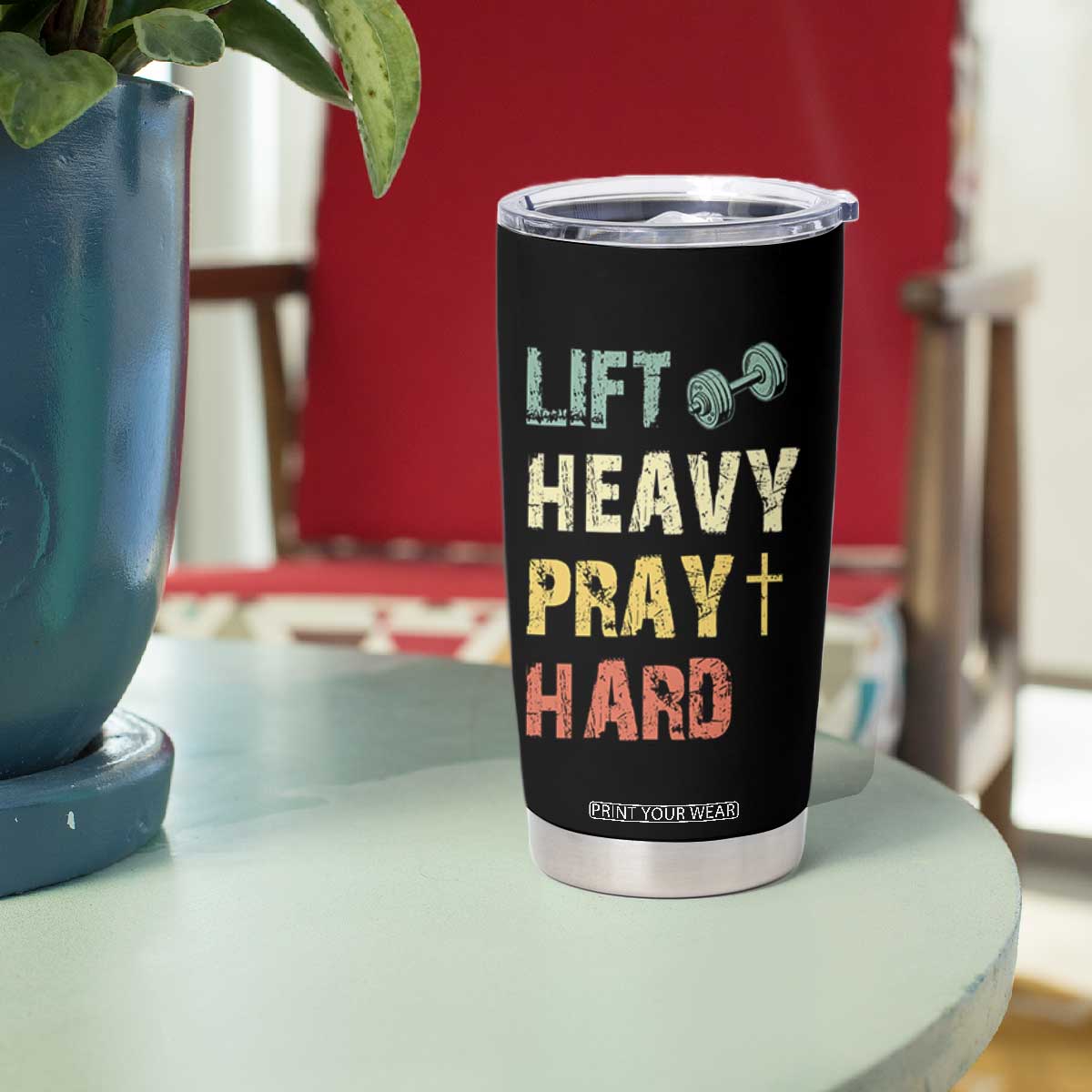 Lift Heavy Pray Hard Tumbler Cup Christian Workout Jesus Gym Lifting Retro Cross TS11 Print Your Wear