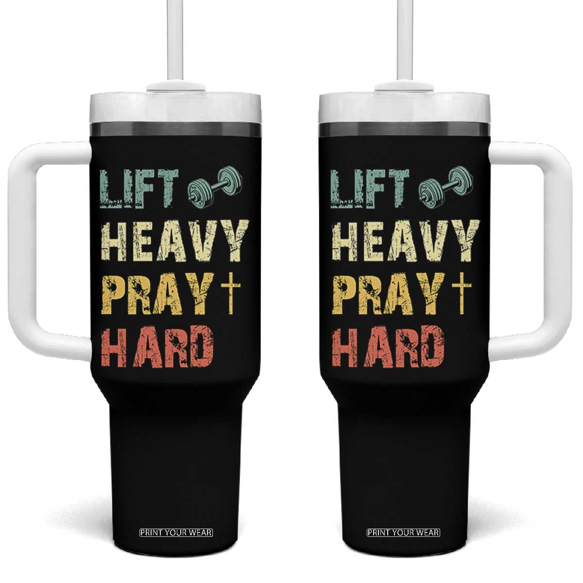 Lift Heavy Pray Hard Tumbler With Handle Christian Workout Jesus Gym Lifting Retro Cross TS11 One Size: 40 oz Black Print Your Wear