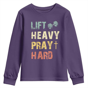 Lift Heavy Pray Hard Youth Sweatshirt Christian Workout Jesus Gym Lifting Retro Cross TS11 Purple Print Your Wear