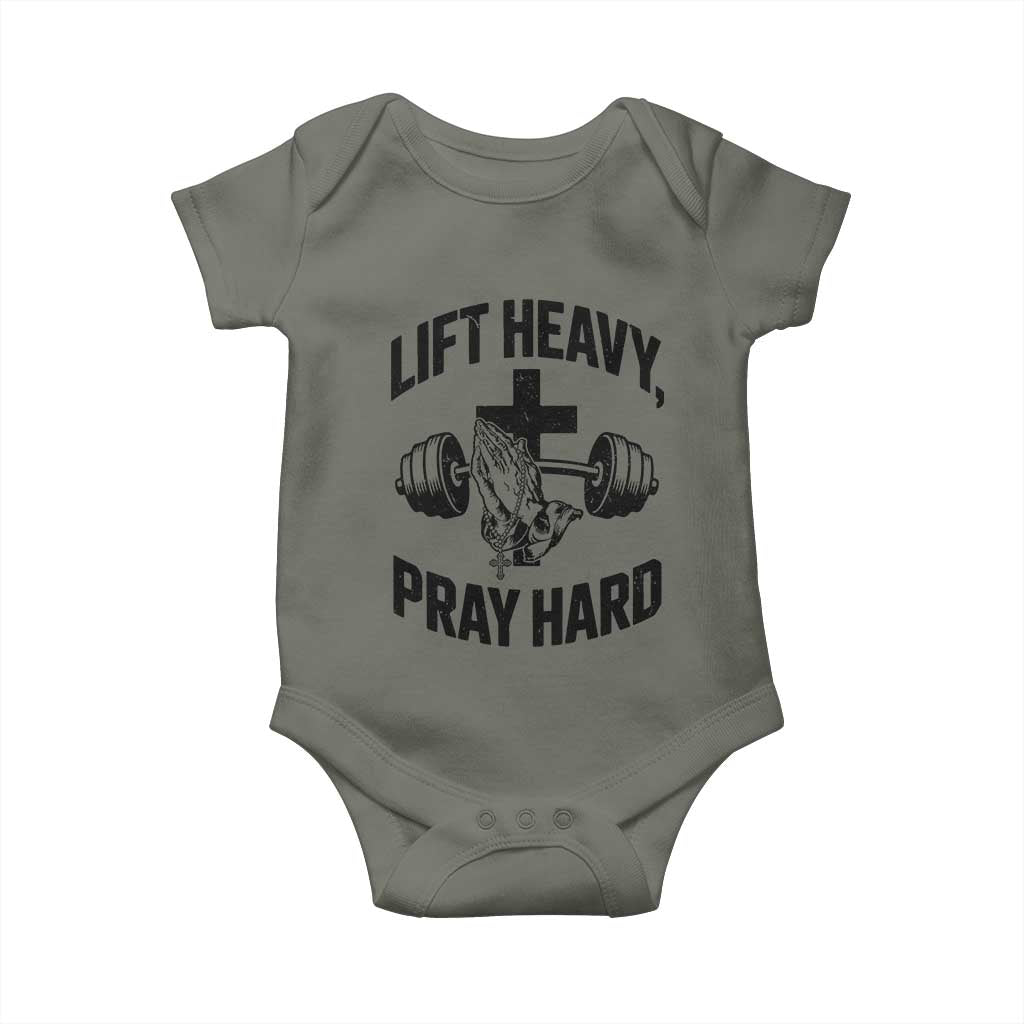 Lift Heavy Pray Hard Baby Onesie Christian Workout Jesus Gym Lifting TS11 Military Green Print Your Wear
