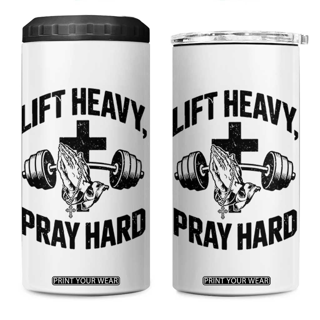 Lift Heavy Pray Hard 4 in 1 Can Cooler Tumbler Christian Workout Jesus Gym Lifting TS11 One Size: 16 oz White Print Your Wear