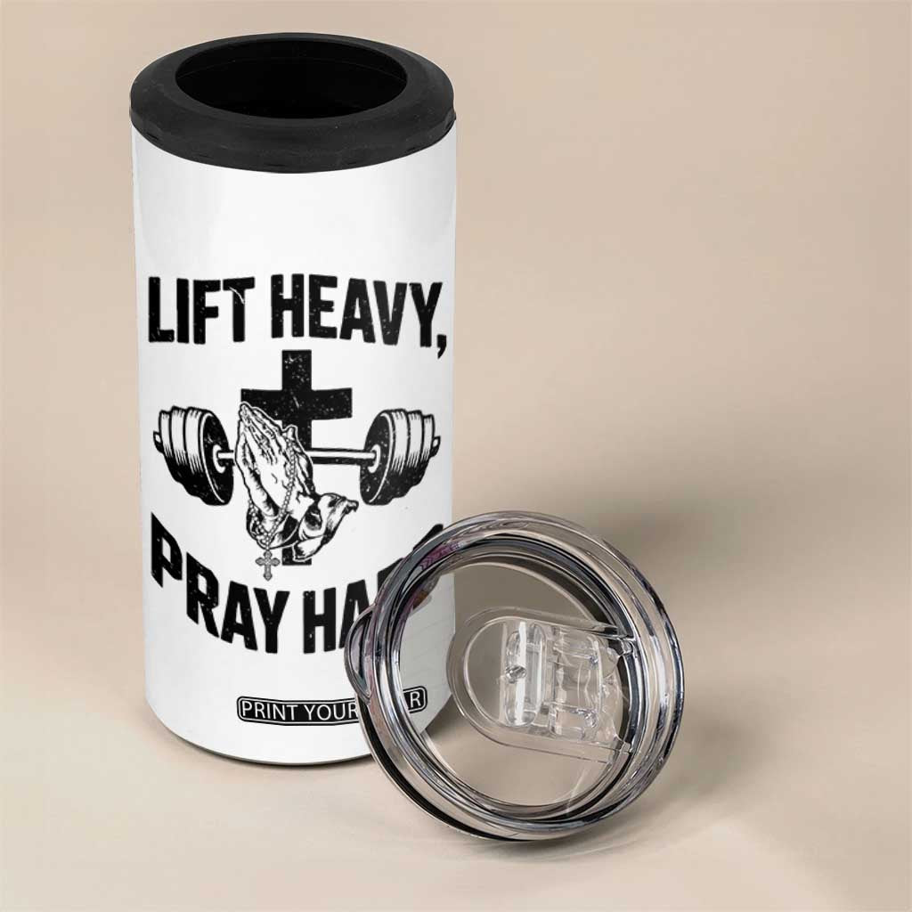 Lift Heavy Pray Hard 4 in 1 Can Cooler Tumbler Christian Workout Jesus Gym Lifting TS11 Print Your Wear
