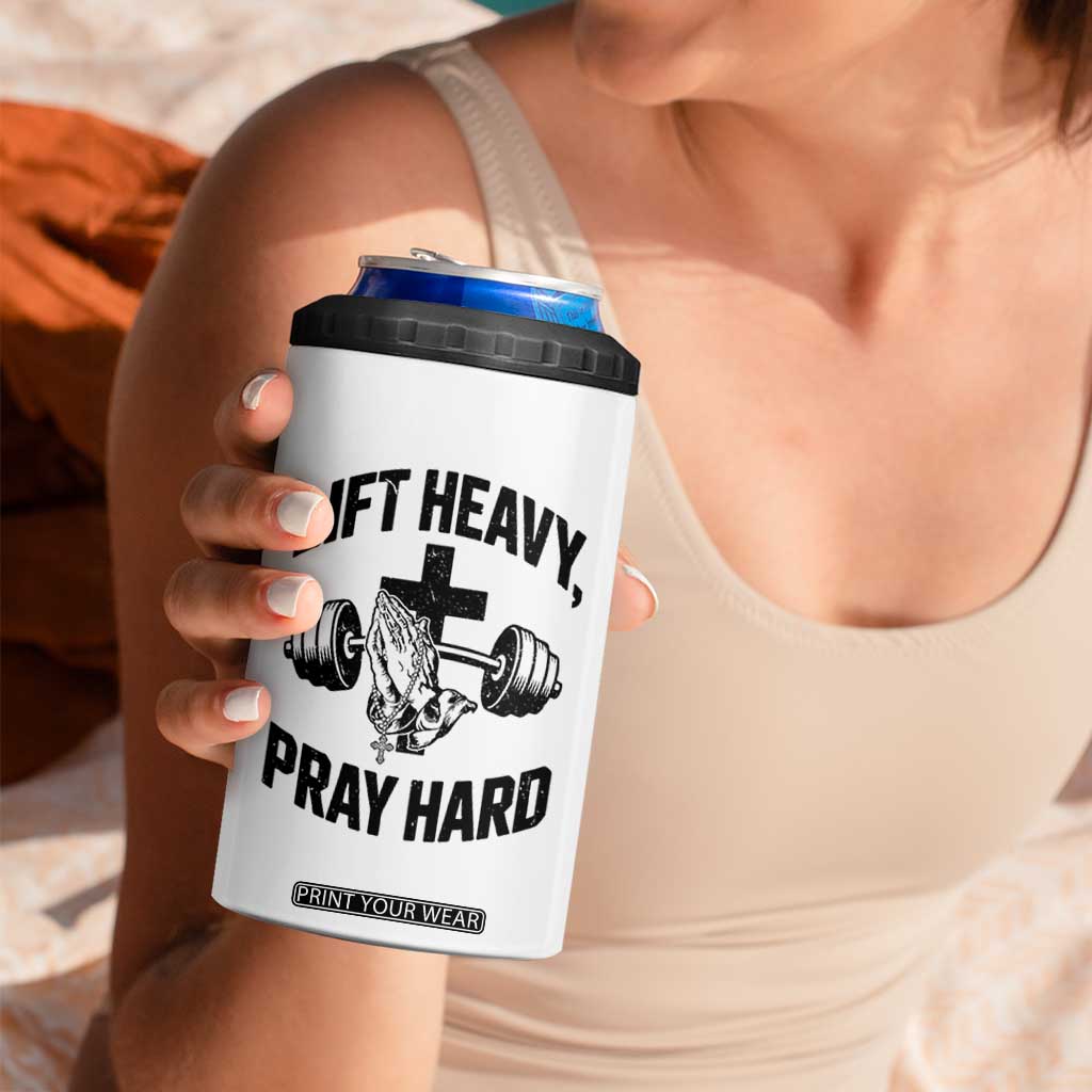 Lift Heavy Pray Hard 4 in 1 Can Cooler Tumbler Christian Workout Jesus Gym Lifting TS11 Print Your Wear