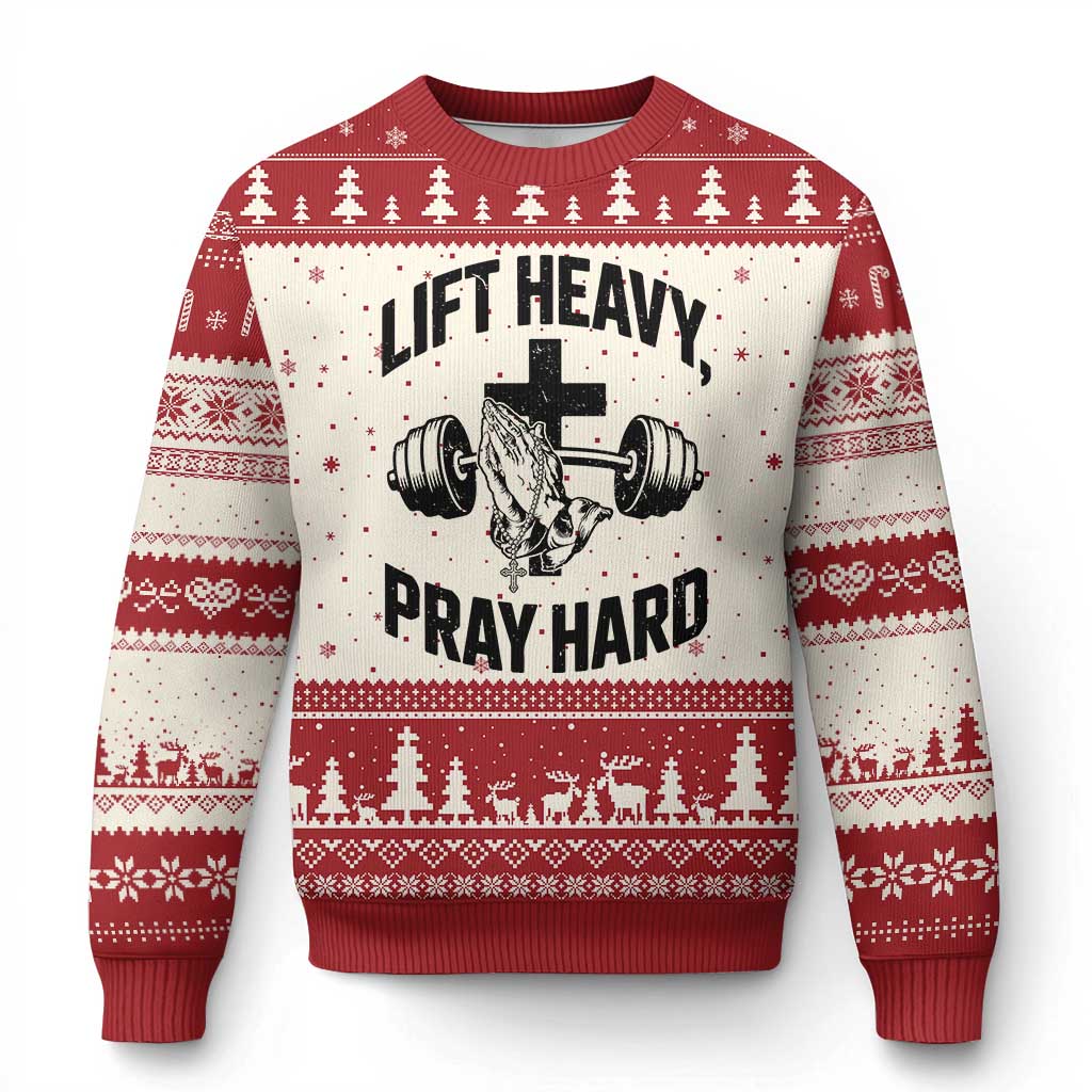 Lift Heavy Pray Hard Ugly Christmas Sweater Christian Workout Jesus Gym Lifting TS11 Beige Red Print Your Wear