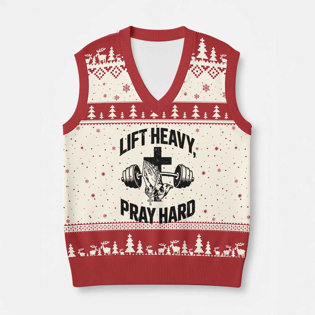 Lift Heavy Pray Hard V-Neck Knit Sweater Vest Christian Workout Jesus Gym Lifting TS11 Beige Red Print Your Wear