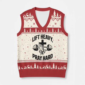 Lift Heavy Pray Hard V-Neck Knit Sweater Vest Christian Workout Jesus Gym Lifting TS11 Beige Red Print Your Wear