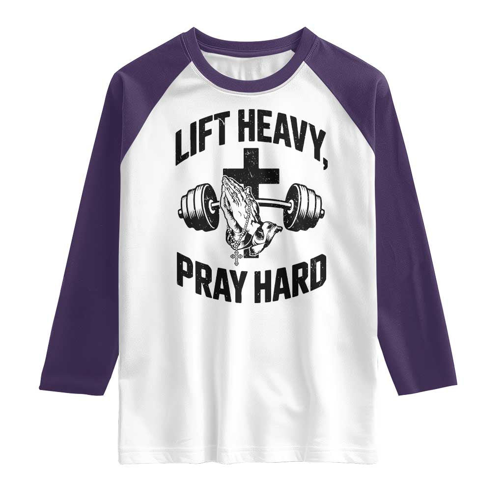 Lift Heavy Pray Hard Raglan Shirt Christian Workout Jesus Gym Lifting TS11 White Purple Print Your Wear