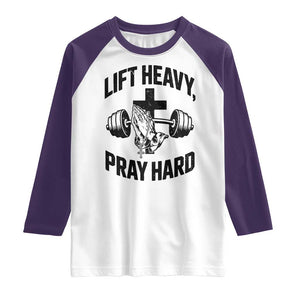 Lift Heavy Pray Hard Raglan Shirt Christian Workout Jesus Gym Lifting TS11 White Purple Print Your Wear