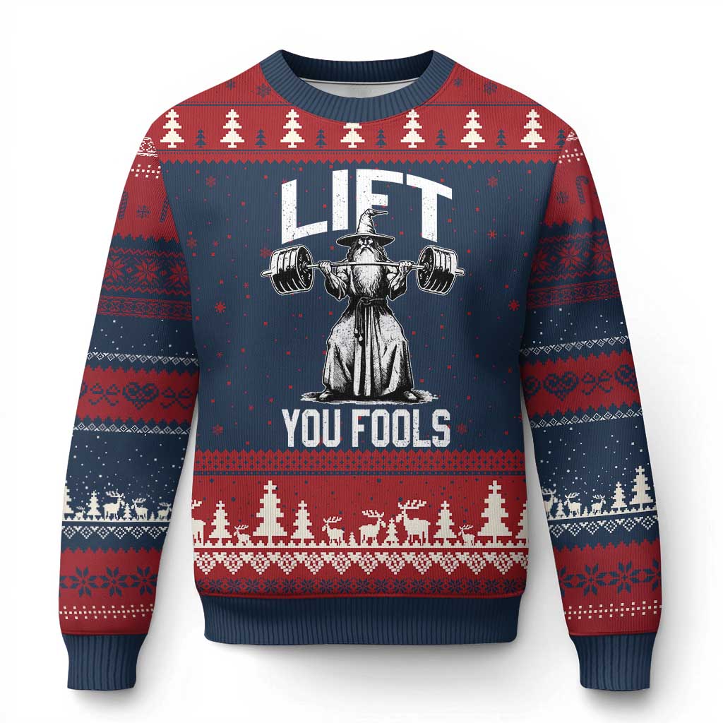 Funny Lift You Fools Ugly Christmas Sweater Swole Wizard Weightlifting Bodybuilding Gym Fitness TS11 Navy Red Print Your Wear