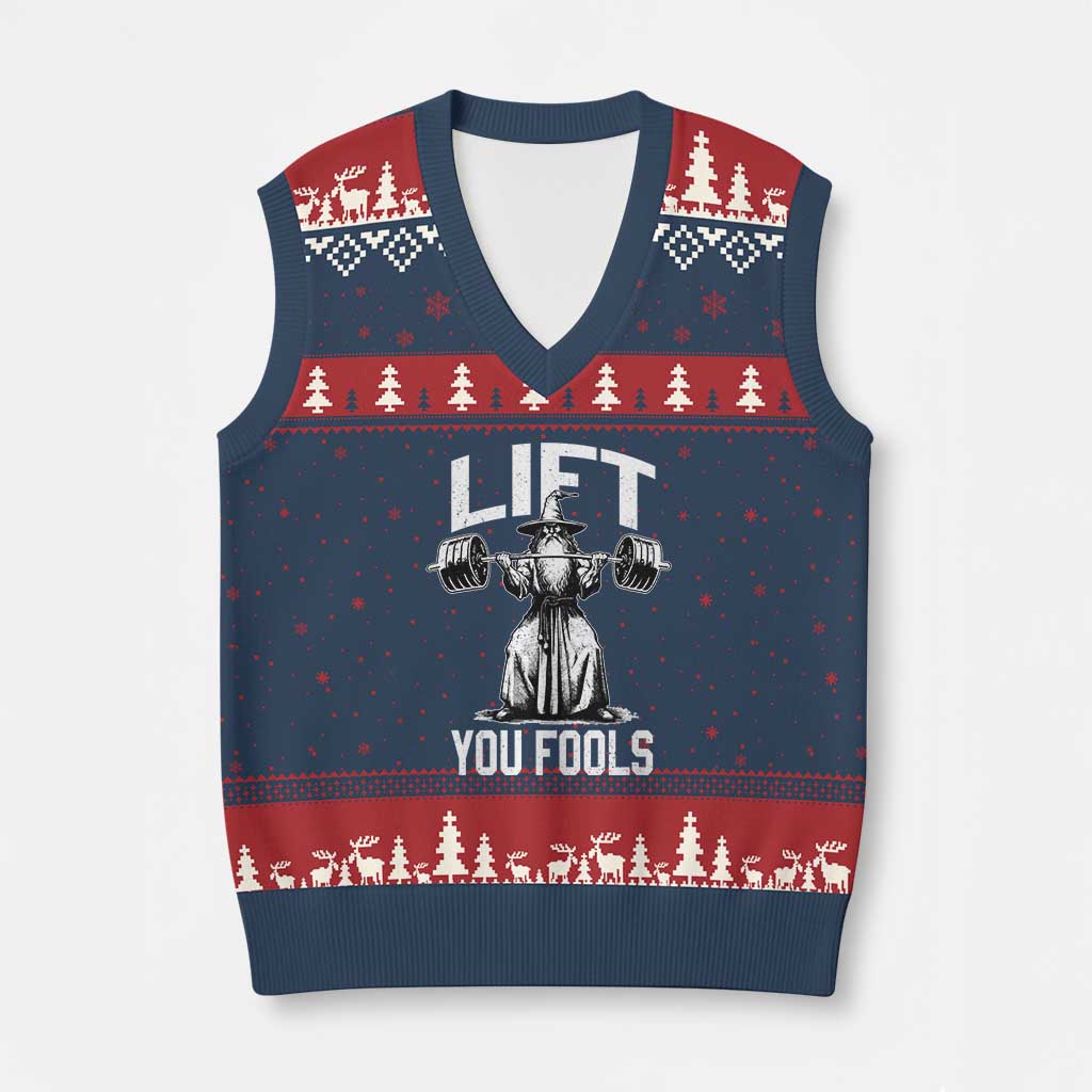 Funny Lift You Fools V-Neck Knit Sweater Vest Swole Wizard Weightlifting Bodybuilding Gym Fitness TS11 Navy Red Print Your Wear