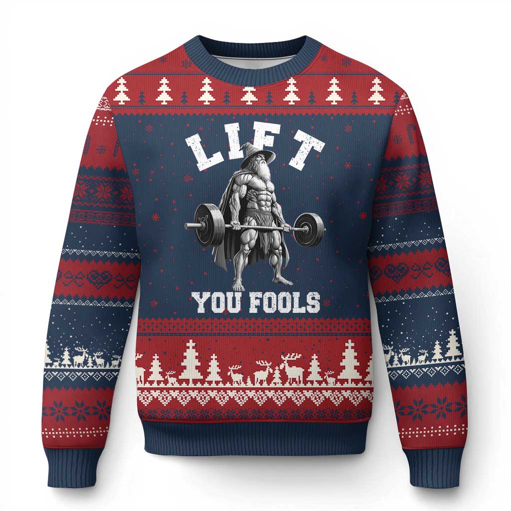 Funny Lift You Fools Ugly Christmas Sweater Swole Wizard Weightlifting Bodybuilding Gym TS11 Navy Red Print Your Wear