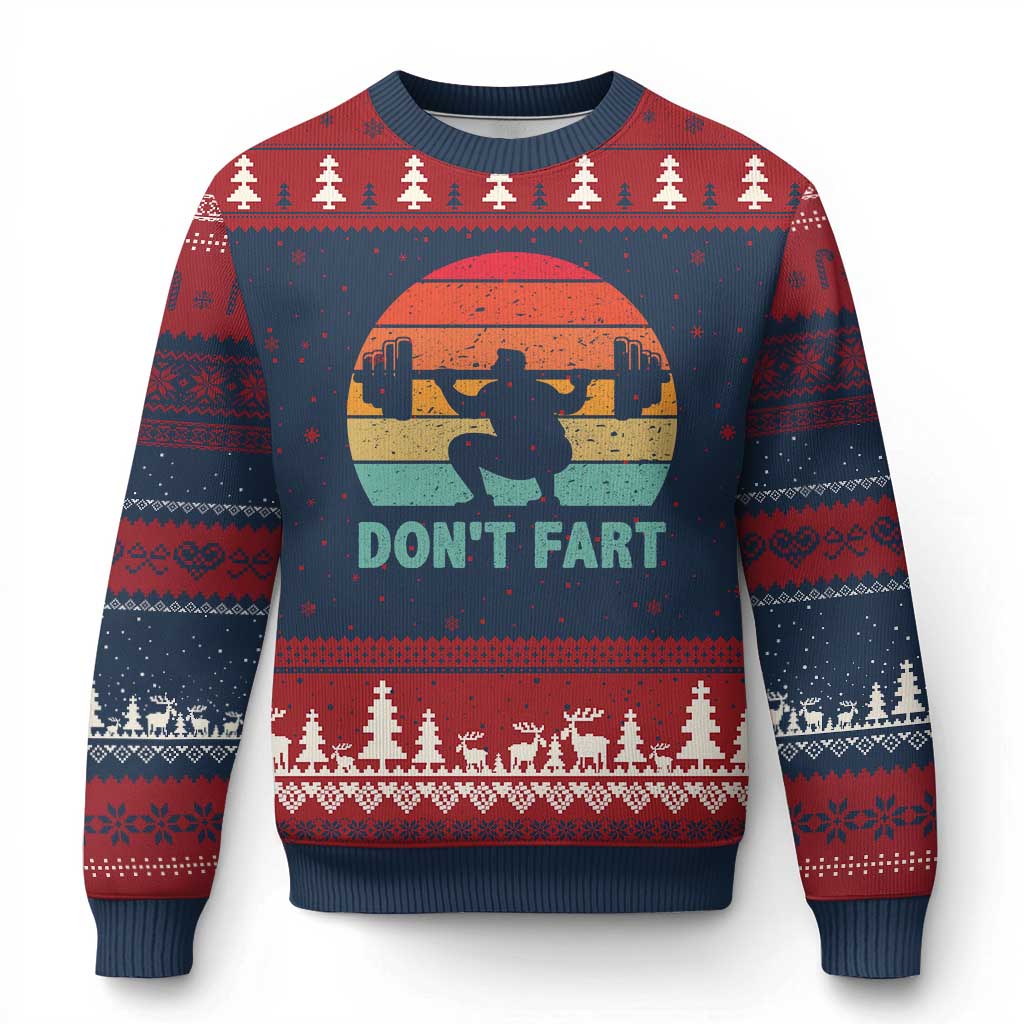 Dont Fart Fitness Gym Workout Weights Squat Humor Ugly Christmas Sweater TS11 Navy Red Print Your Wear