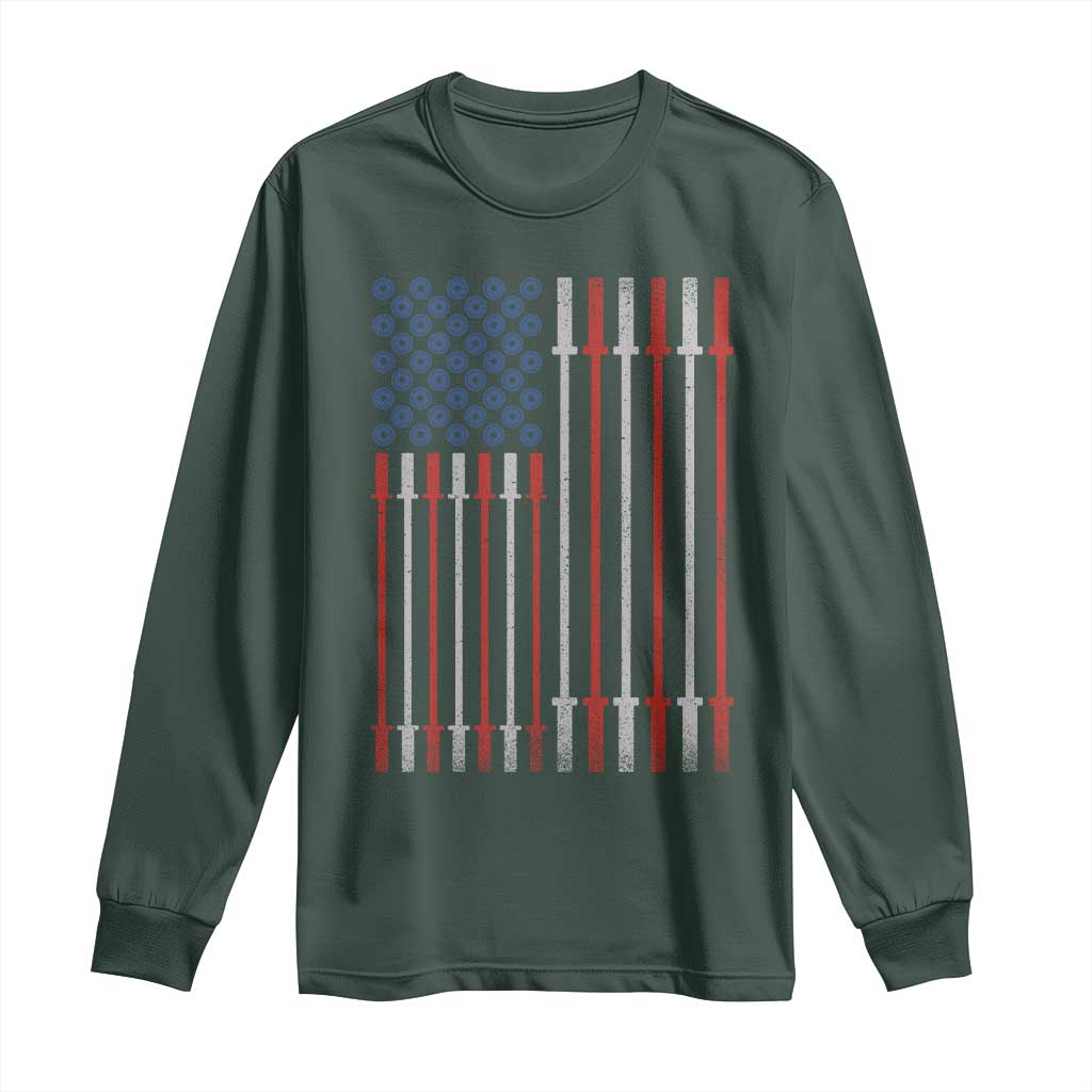 Fitness Gym Barbell Powerlifting Patriotic American Flag Long Sleeve Shirt TS11 Dark Forest Green Print Your Wear