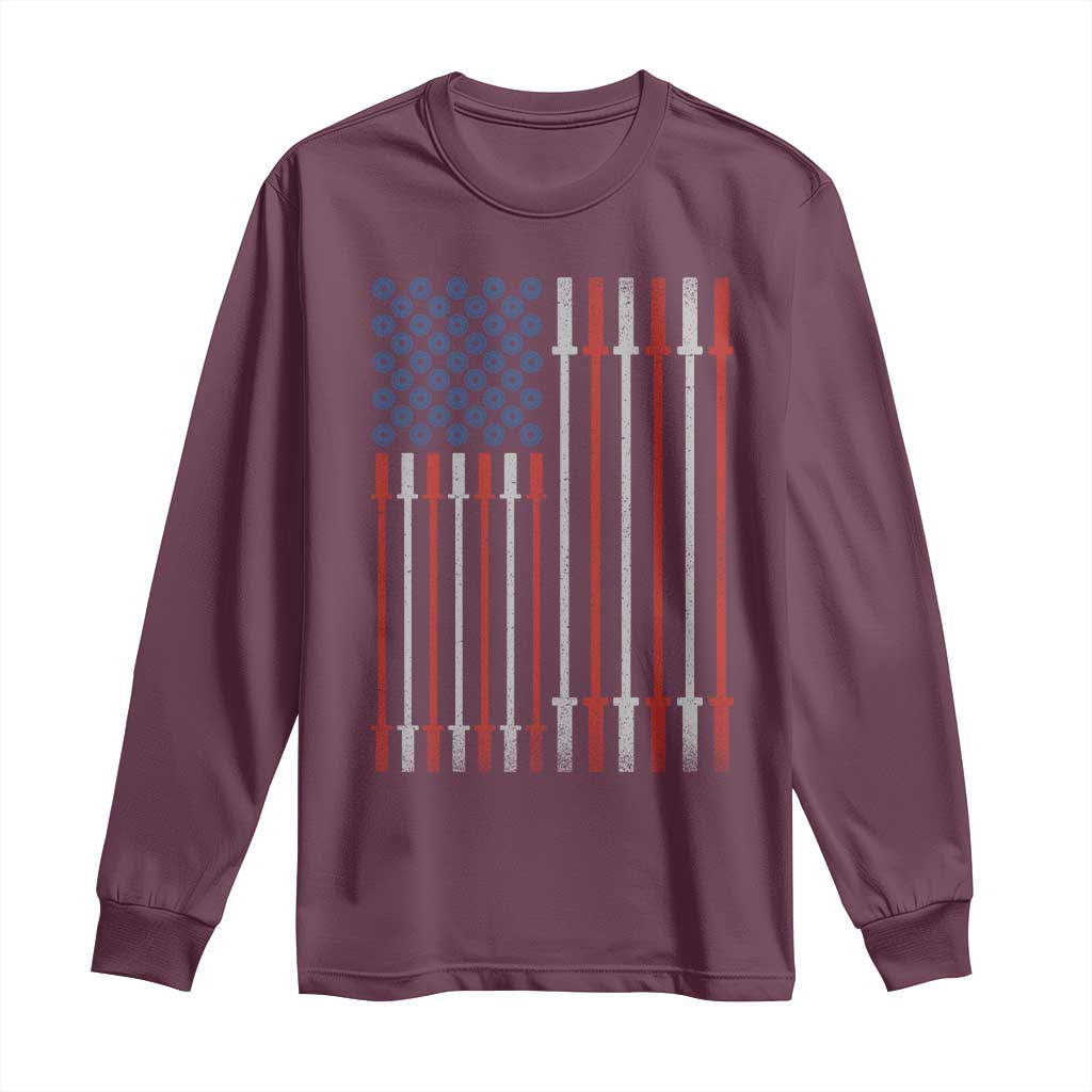 Fitness Gym Barbell Powerlifting Patriotic American Flag Long Sleeve Shirt TS11 Maroon Print Your Wear
