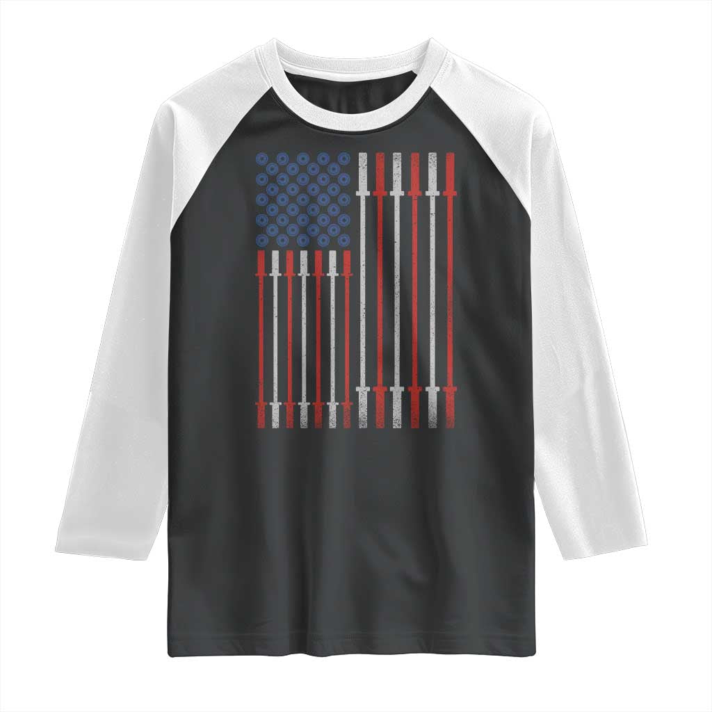 Fitness Gym Barbell Powerlifting Patriotic American Flag Raglan Shirt TS11 Black White Print Your Wear