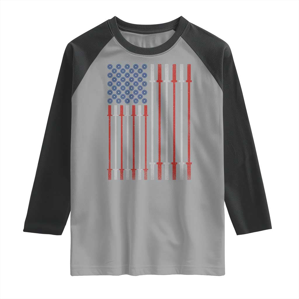 Fitness Gym Barbell Powerlifting Patriotic American Flag Raglan Shirt TS11 Sport Gray Black Print Your Wear