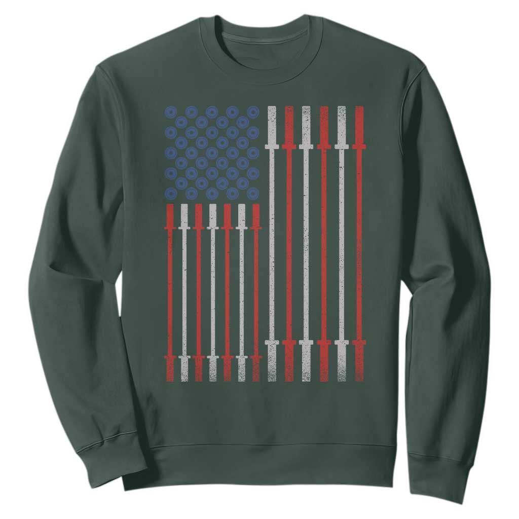 Fitness Gym Barbell Powerlifting Patriotic American Flag Sweatshirt TS11 Dark Forest Green Print Your Wear