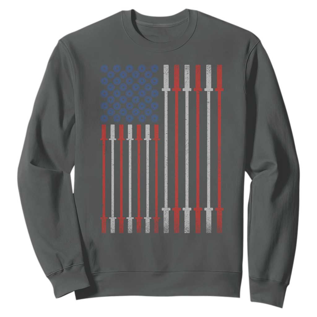 Fitness Gym Barbell Powerlifting Patriotic American Flag Sweatshirt TS11 Dark Heather Print Your Wear