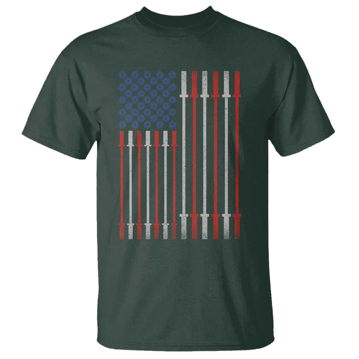 Fitness Gym Barbell Powerlifting Patriotic American Flag T Shirt TS11 Dark Forest Green Print Your Wear