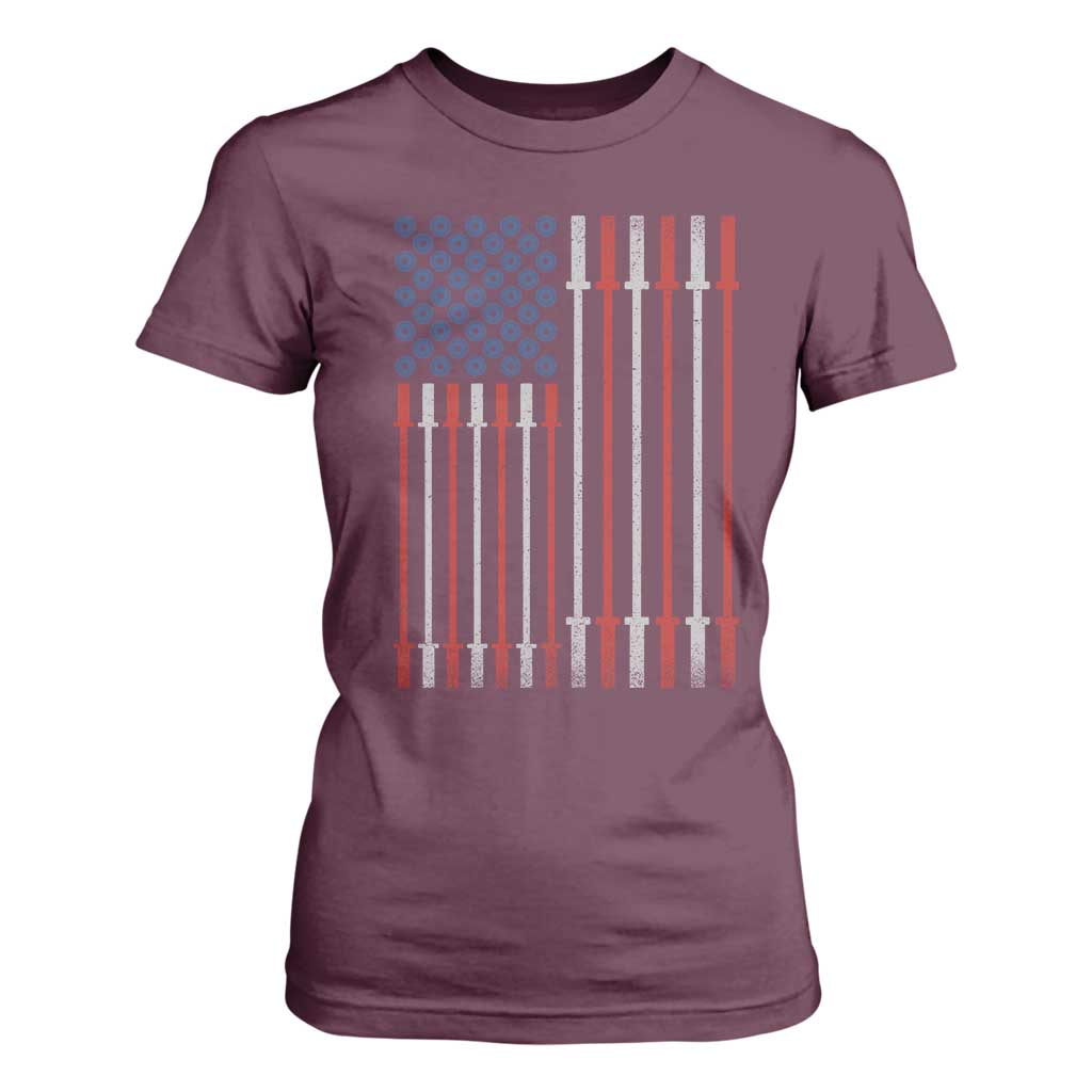 Fitness Gym Barbell Powerlifting Patriotic American Flag T Shirt For Women TS11 Maroon Print Your Wear