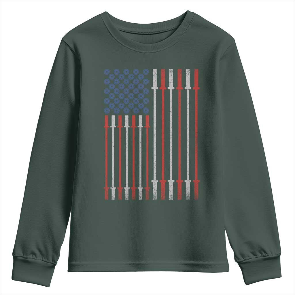 Fitness Gym Barbell Powerlifting Patriotic American Flag Youth Sweatshirt TS11 Dark Forest Green Print Your Wear
